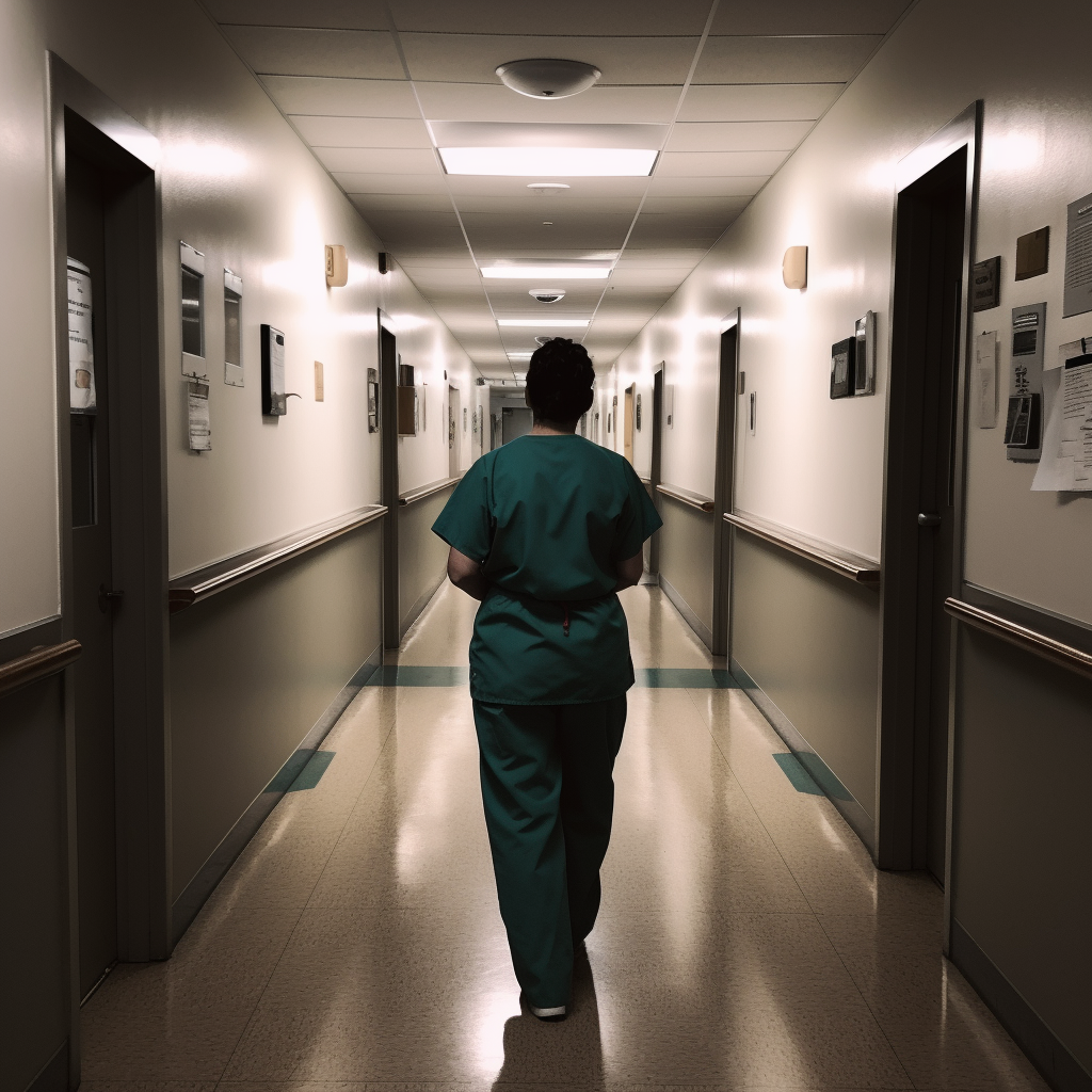 A doctor wearing scrubs walks down a dimly-lit hallway